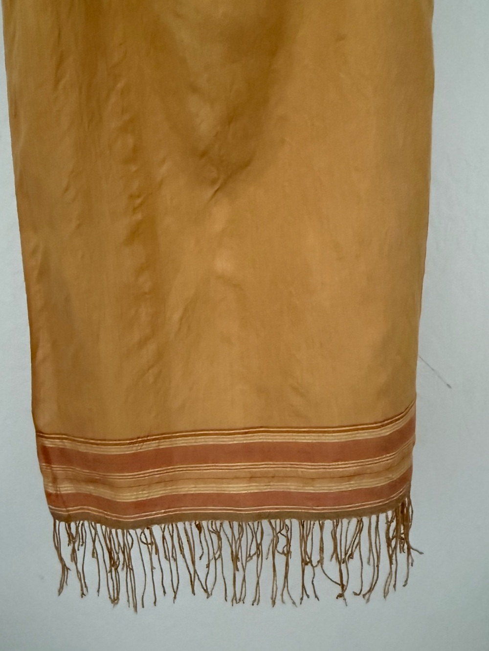 Muted Gold Long Silk Scarf or Wrap with Stripes and Fringe at Ends - Picture 5 of 6